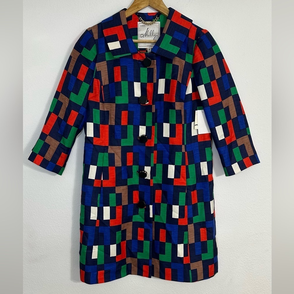 Milly of New York Silk Blend Colorful Block Pattern Trench Coat/Dress - Picture 6 of 16